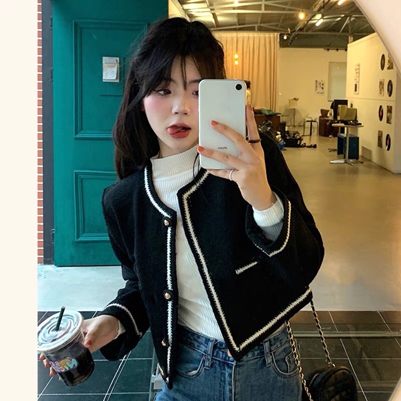 Áo dạ đen dáng lửng cổ tròn[💯hình thật]