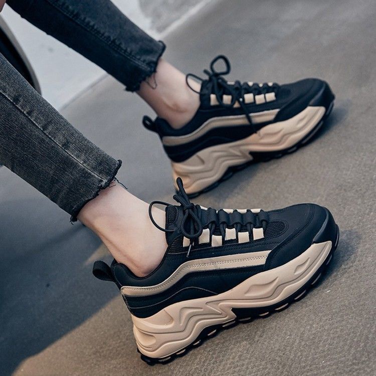 CHZK Giày thể thao sneaker nữ chất da phối vải thoáng khí đế 2 lớp độn đế 5cm HQ156