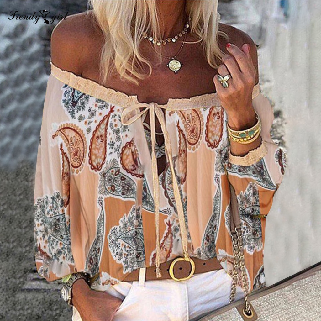 Áo Sơ Mi Chiffon Khoét Lỗ Trước Cổ Chạm In Họa Tiết Phong Cách Bohemia Hợp Thời Trang Cho Nữ