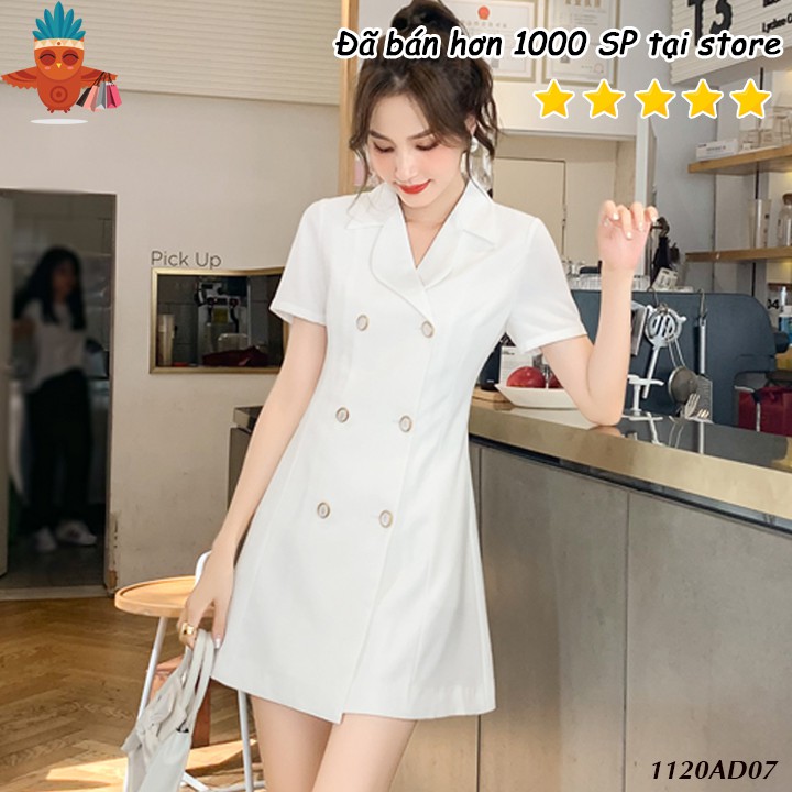 Đầm nữ cổ vest trắng 6 nút ngọc tay ngắn THOCA HOUSE nhẹ nhàng, thanh lịch freesize dưới 56kg phù hợp đi tiệc, đi chơi