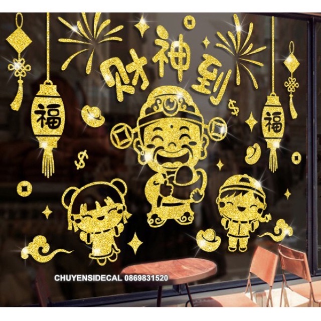 Decal dán Tết - Thần Tài và các bạn nhũ Vàng