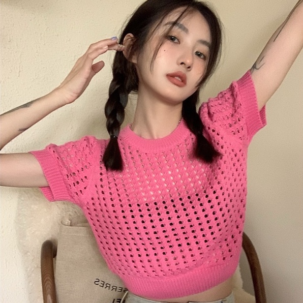 Áo thun dệt kim tay ngắn dáng rộng thiết kế trẻ trung hợp thời trang áo kiểu lỗ màu xanh hồng đen be hot trend