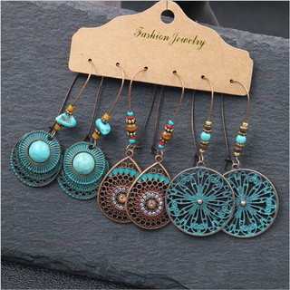 Combo 3 đôi bông tai boho đi biển dáng tròn màu xanh ngọc