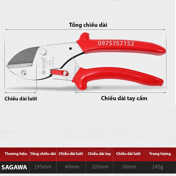 Kéo cắt cành trợ lực chuyên nghiệp SAGAWA 195mm - Cắt cành to nhẹ nhàng, thép Đức siêu cứng, siêu bền