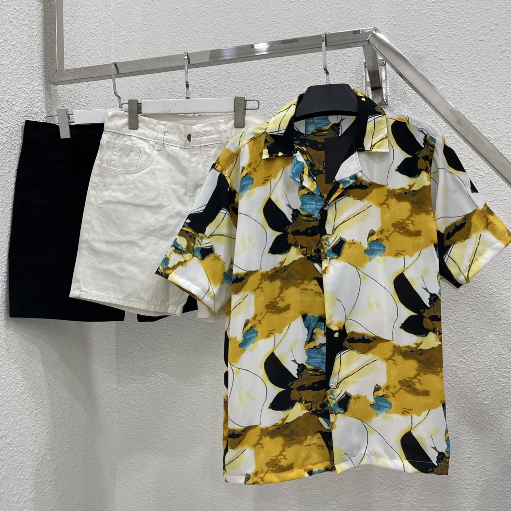 Áo sơ mi tay ngắn hoạ tiết vết sơn gỗ  áo cuban shirt ngắn tay cổ vest mùa hè