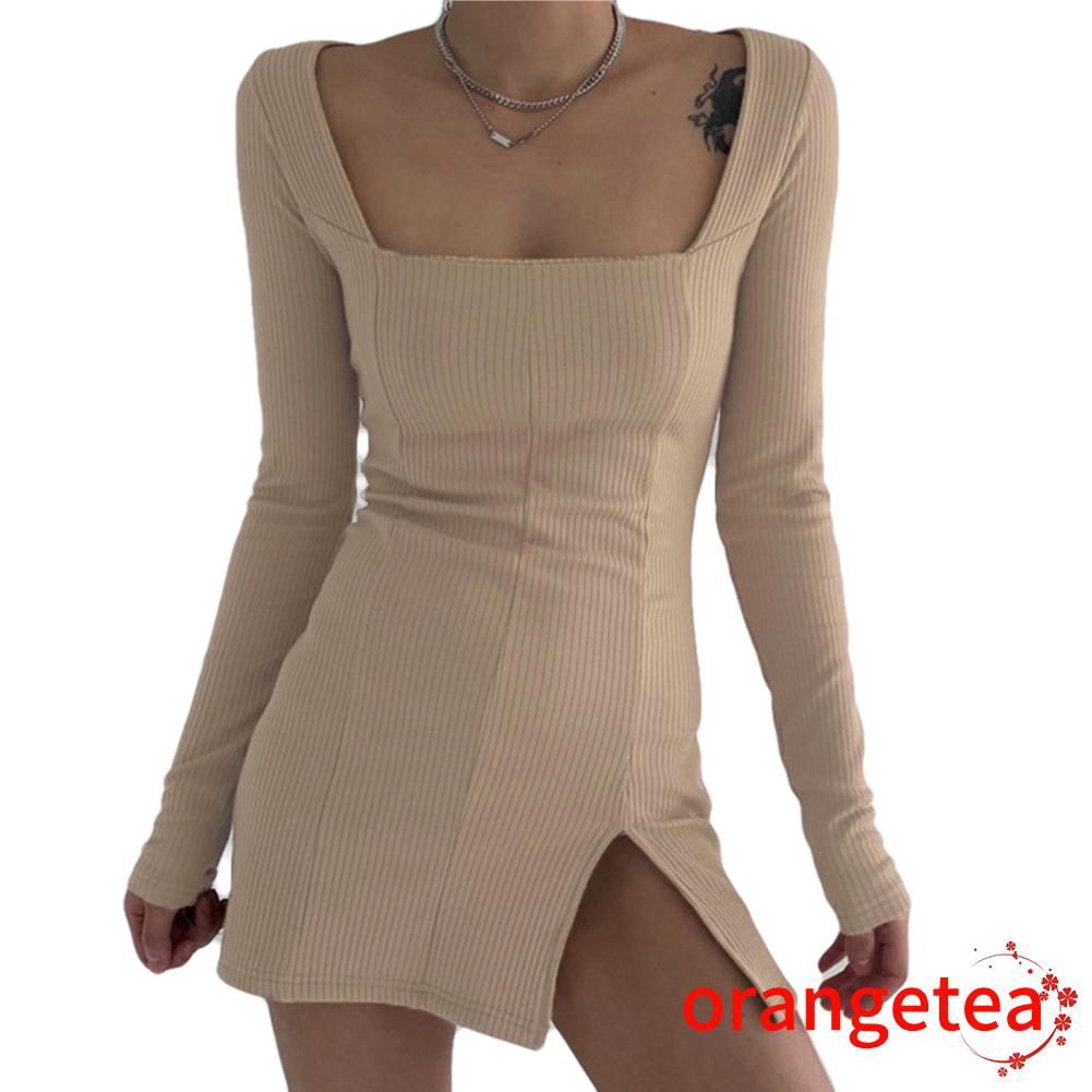 Đầm Tay Dài Cổ Vuông Xẻ Tà Màu Trơn Thời Trang Cho Nữ