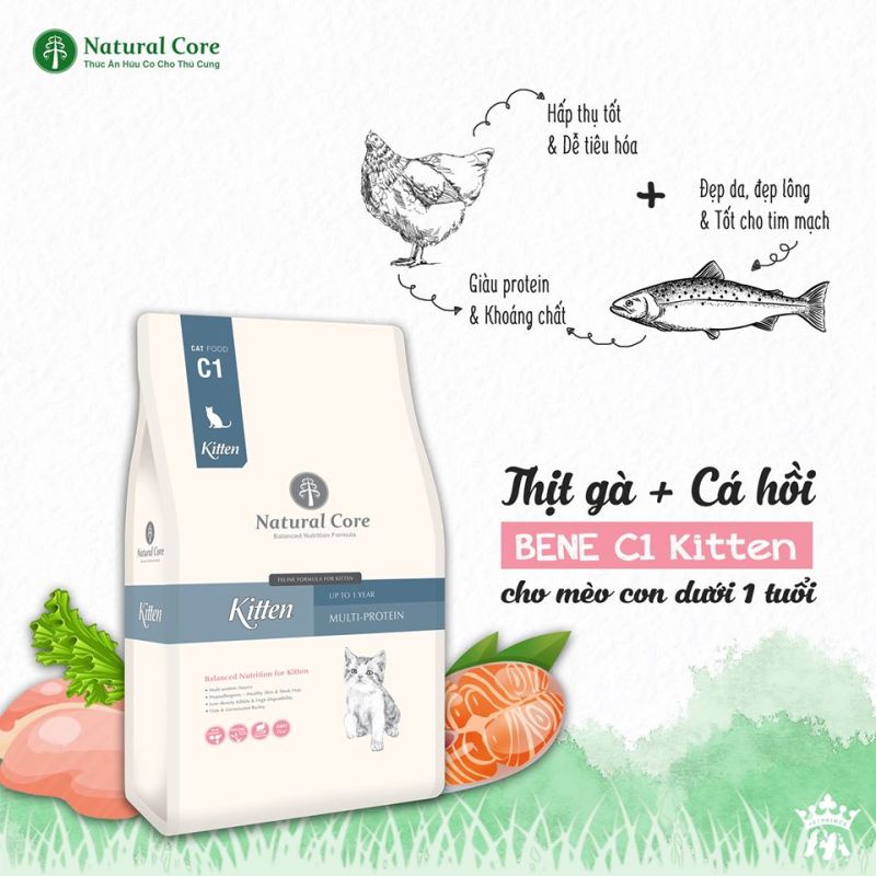 2kg - Hạt C1 Kitten cho mèo con và mèo mẹ Natural Core C1 Bene Kitten hàng Hàn Quốc