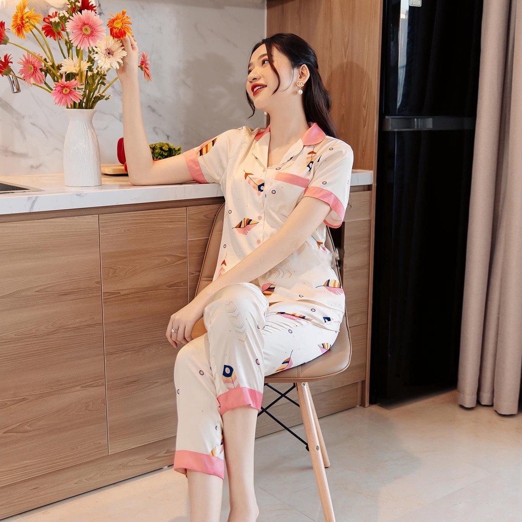 Bộ pijama lụa satin họa tiết cộc tay p1036
