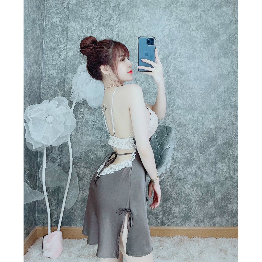 Váy Ngủ Sexy Freeship  Váy Ngủ Sexy chất satin phối ren quyến rũ gợi cảm Freesize dưới 60kg - Linqu Sleepwear
