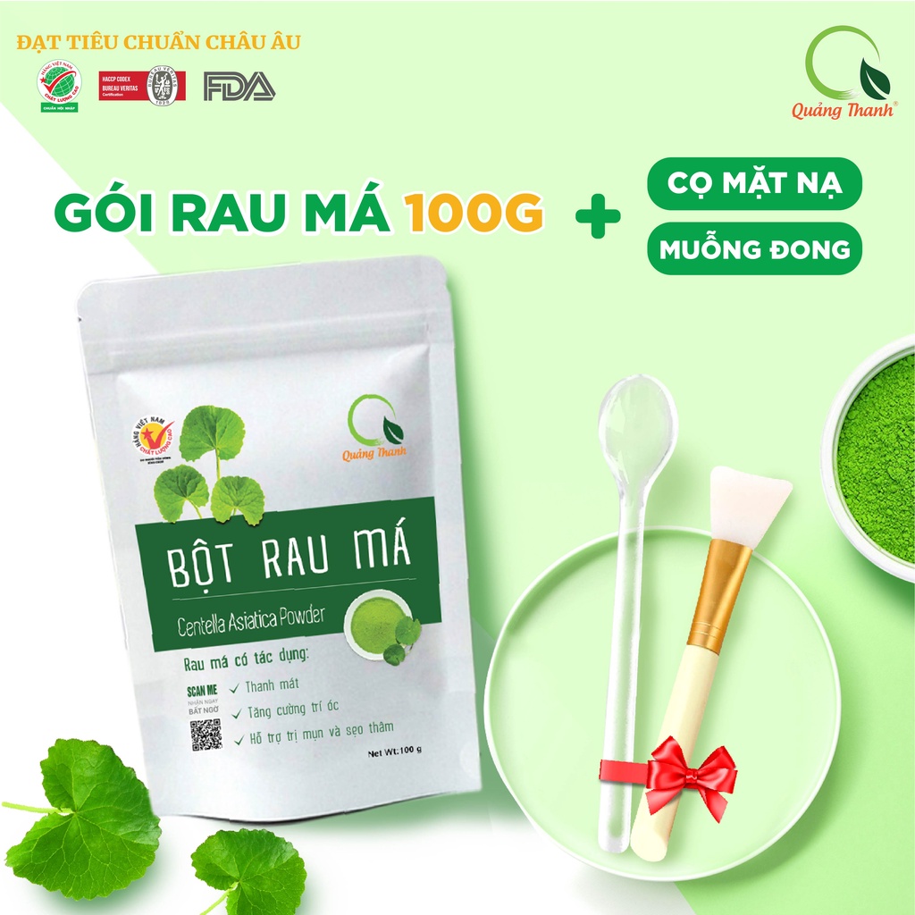 Bột Rau Má Quảng Thanh đắp mặt nạ - ngăn ngừa mụn, thâm - Kèm Cọ quét mặt nạ cao cấp, muỗng nhựa trong suốt - Gói 100g