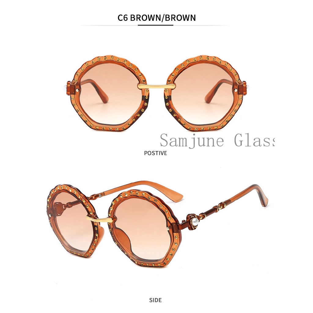 Kính mát Samjune gọng tròn bằng kim loại đính ngọc trai giả sang trọng cho nữ