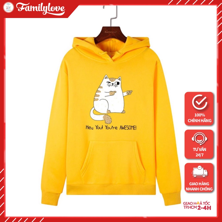 Áo Hoodie Nữ form rộng Cotton Nỉ da cá (Kèm hình thật chất áo có Logo Thương hiệu) Mèo You're AWESOME