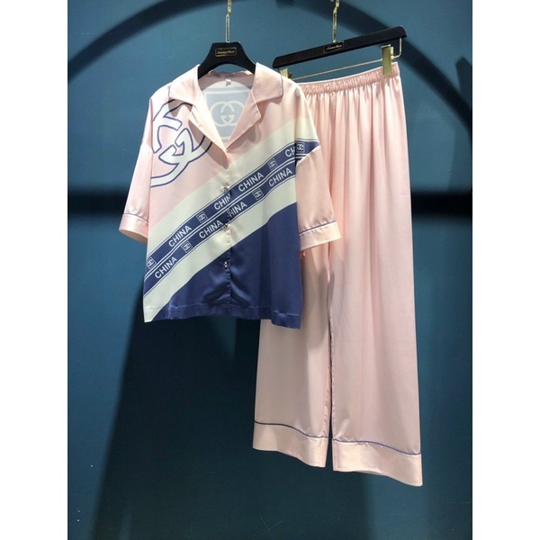 [Hàng sẵn] bộ ngủ mặc nhà pijama lụa cao cấp Quảng Châu tay ngắn ngắn hồng -xanh