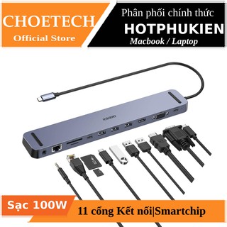 Hub chia cổng sạc nhanh 100w type-c đa năng 11 in 1 kiêm giá đỡ hiệu choetech m20 type-c pd 3.0, 3 usb 3.0, data type-c