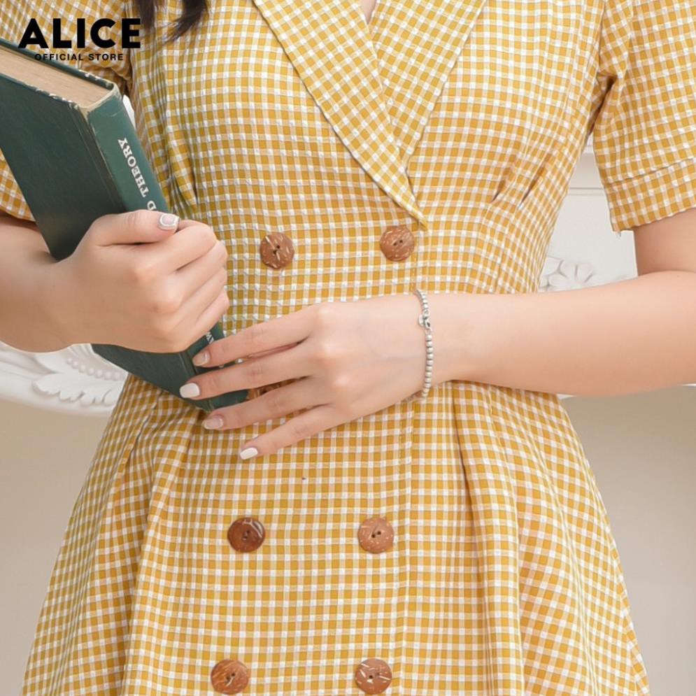 Đầm Thiết Kế Nữ Công Sở ALICE Dáng Dài Xòe Xếp Ly Tay Bồng Cổ Vest Họa Tiết Kẻ Thanh Lịch V667  ྇