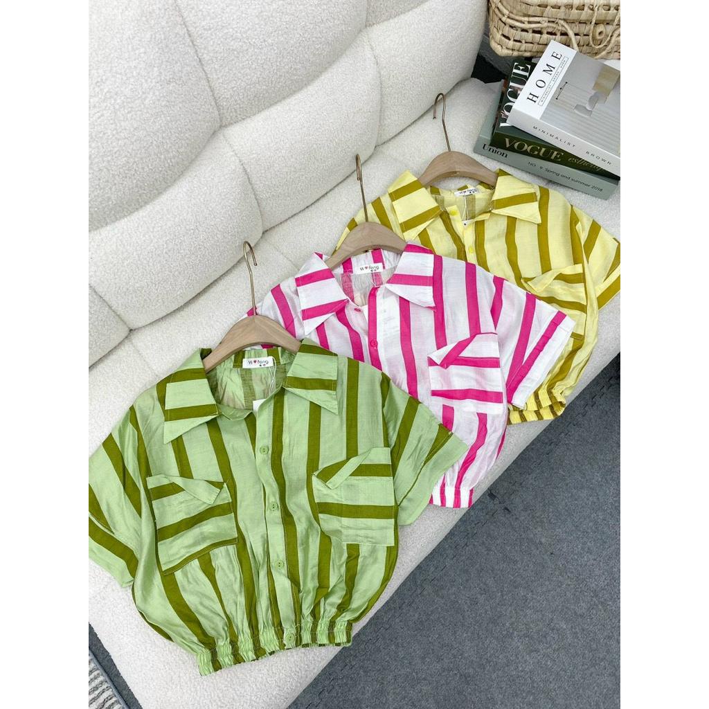 Áo sơ mi nữ cộc tay bo gấu Thoyeufashion, Sơmi kẻ nhiều màu tay hến đi biển đi chơi siêu xinh