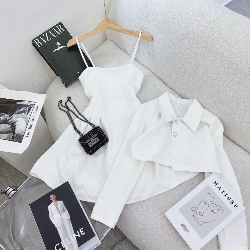 [ 𝐅𝐑𝐄𝐄 𝐒𝐇𝐈𝐏 ] SET ĐẦM CHIẾT EO TRẮNG MIX KHOÁC CROPTOP CÀI NÚT