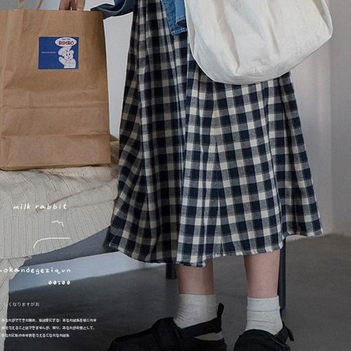 [AMANDA]Chân váy dài chất vải thô Quảng Châu dáng suông vintage kẻ ô vuông phong cách Hàn Quốc