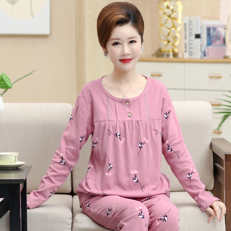 Bộ đồ ngủ dài tay cotton dài tay của mẹ trung niên mùa xuân và mùa thu cộng với kích cỡ phù hợp với dịch vụ mặc ở nhà