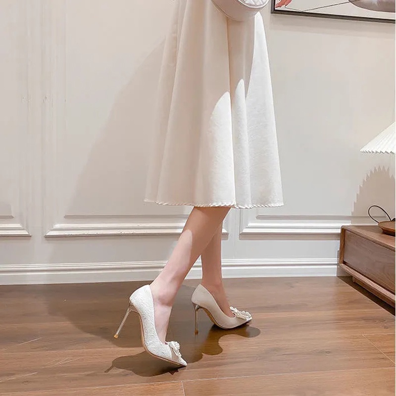 Giày cao gót mũi nhọn đính nơ xinh xắn thời trang Pháp cho nữ