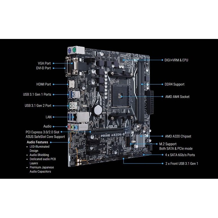 Mainboard Bo Mạch Chủ ASUS PRIME A320M-E  (HDMI/VGA/M2) SK AM4/ 2 SLOT RAM MAX 32G