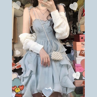 (Có Sẵn Áo) Váy hai dây xanh bồng bềnh phối nơ ngọc (Video Tự Quay)