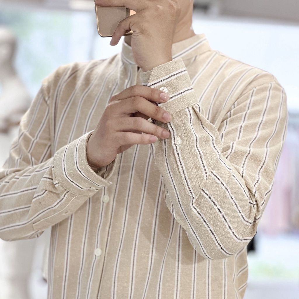 Áo Sơ Mi Nam Dài Tay Phối Sọc Màu Be BY COTTON Linen Beige Stripes Shirt