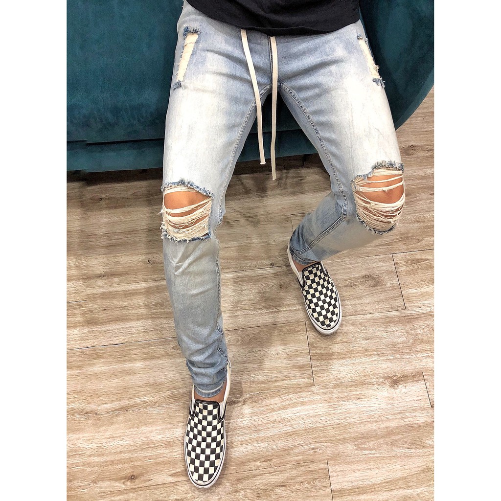 Quần Jeans Nam Rách Gối Màu Wash Đẹp, Chất Jeans Co Dãn Cao Cấp, From Ôm, Cam Kết Không Phai Màu, Dễ Phối Đồ
