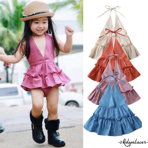 ➤♕❀❤Baby Girl Clothes Ruffles Solid Color Sleeveless Deep V Neck Romper Dress