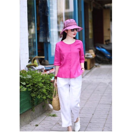 Set Đồ Nữ Linen Áo Sơ Mi Hồng Cổ Tàu Tay Lửng Quần Ống Suông Dáng Dài