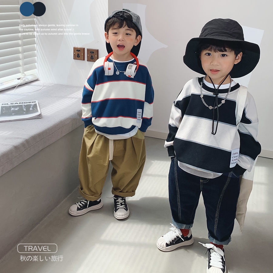 Áo Sweater Cổ Tròn Tay Dài Kẻ Sọc Thời Trang Xuân Thu Cho Bé Trai 2021 5-9 Tuổi