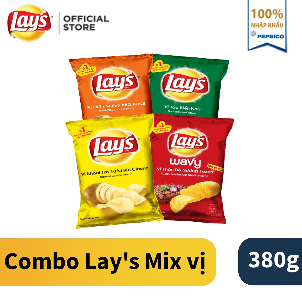 Combo 4 Snack Khoai Tây Lay's Mix 95g/gói vị : Tự nhiên Classic, Tảo Biển Nori, Sườn Nướng BBQ và Thăn bò nướng Texas