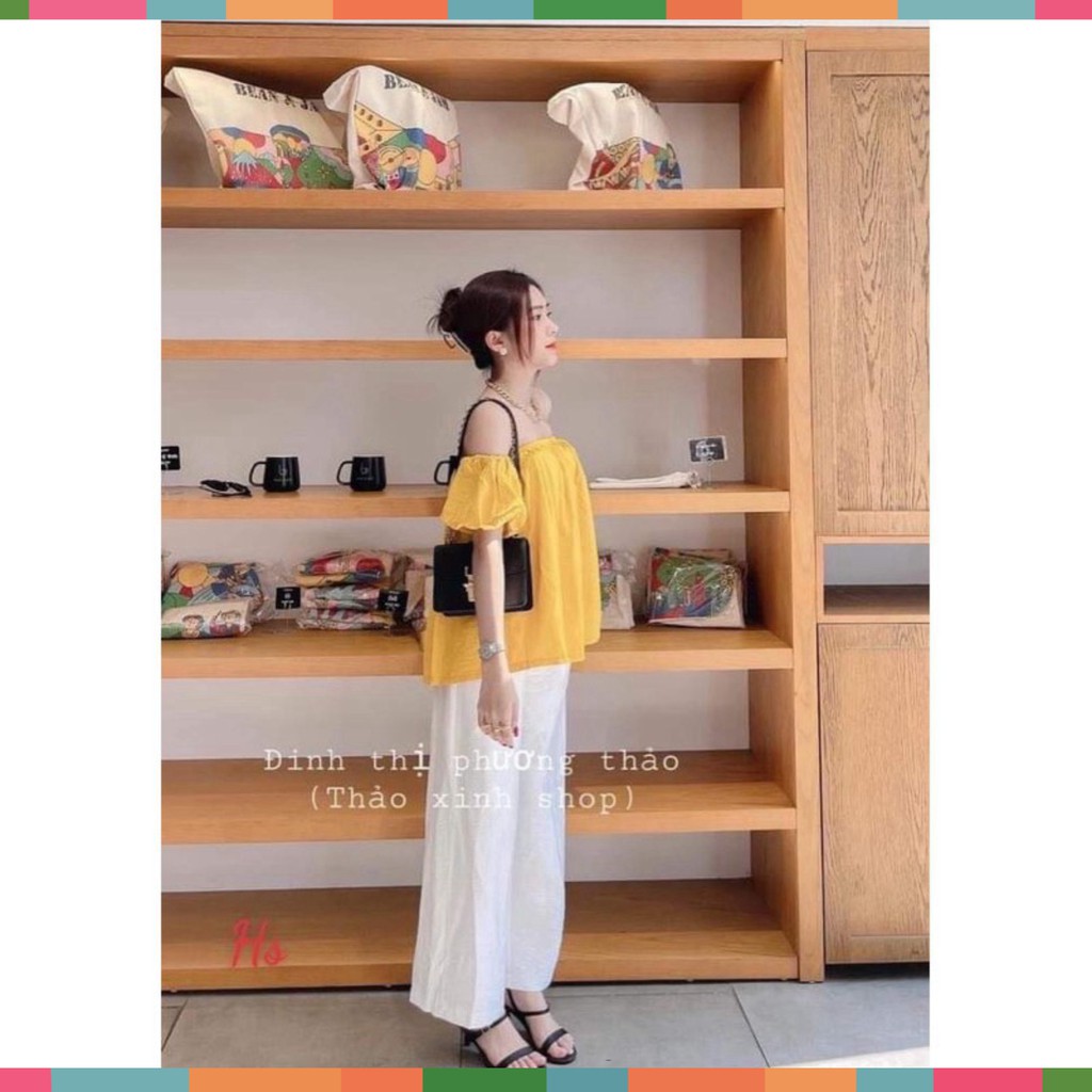 Set Bộ Áo Nữ Trễ Vai Quần Trắng Đũi Ống Rộng 2 Màu Siêu Xinh | BigBuy360 - bigbuy360.vn