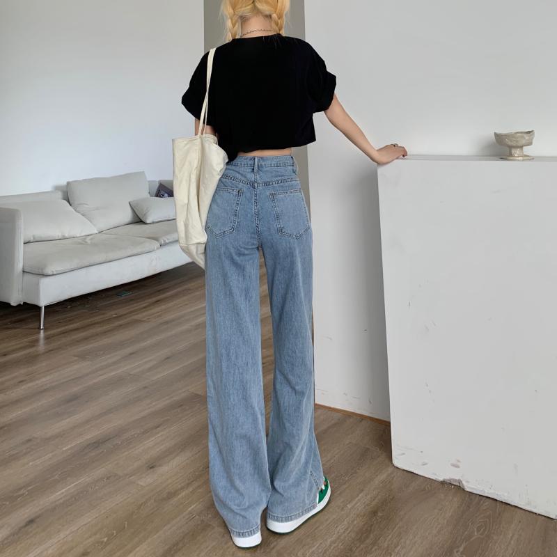 QKOOLE  Quần jean nữ lưng cao dáng rộng phong cách Hàn Quốc