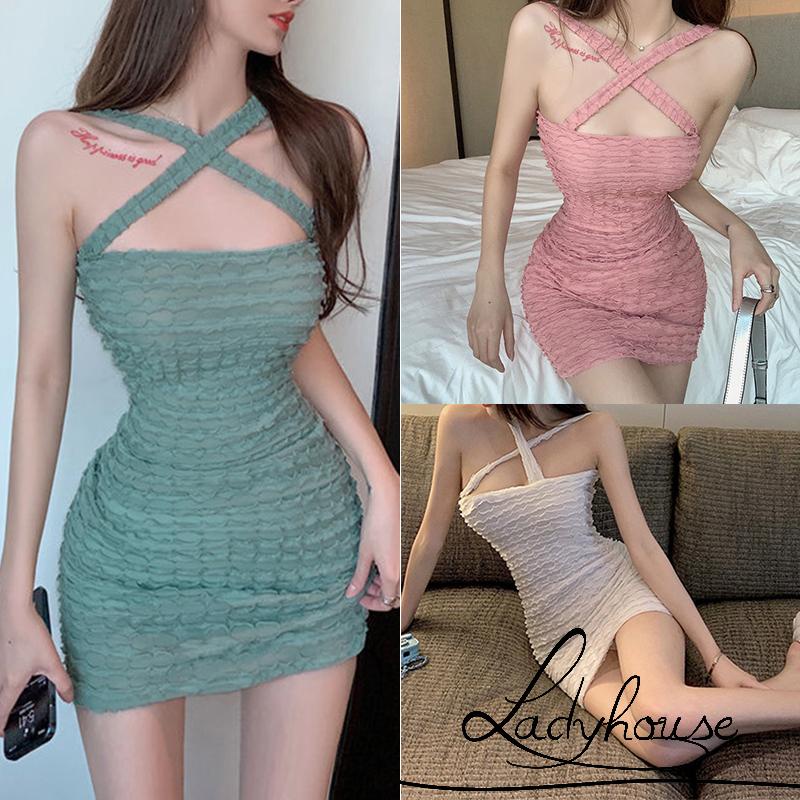 LD-Women´s Sleeveless Dress, Solid Color Cross Sling Backless Skinny Fit Dress, Casual Simple Style One-Piece Clothes