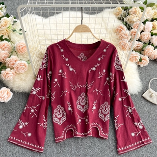 Áo tay ống rộng thêu thổ cẩm vải thô linen