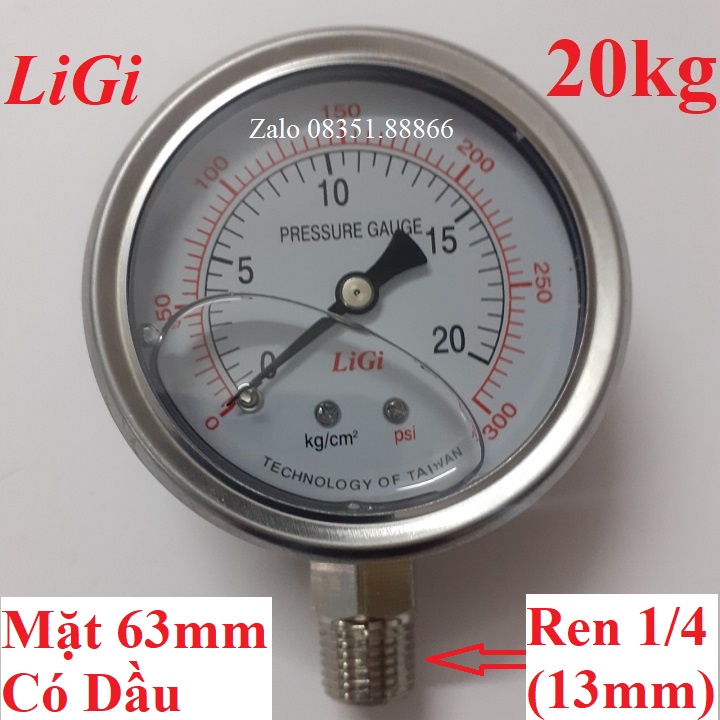 Đồng hồ đo áp suất nước hơi khí nén 20 kg Ligi mặt Dầu 63mm