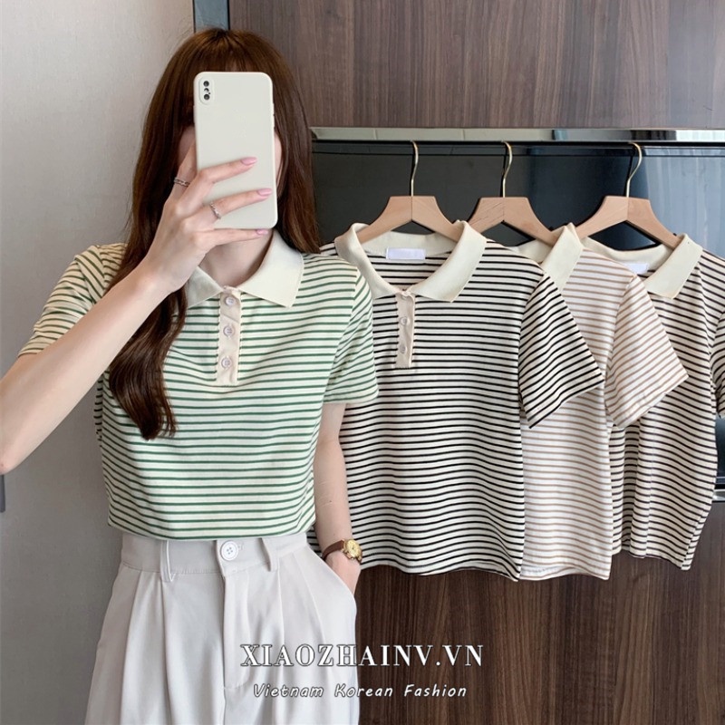 Áo polo XIAOZHAINV ngắn tay kẻ sọc 4 màu lựa chọn thời trang cho nữ