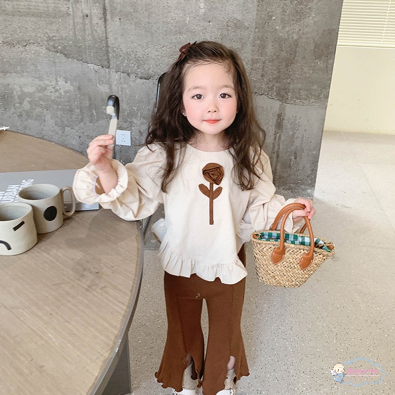 Bộ Đồ 2 Món Áo Hoa Tay Dài + Quần Ống Loe Xẻ Tà Thời Trang Cho Bé Gái