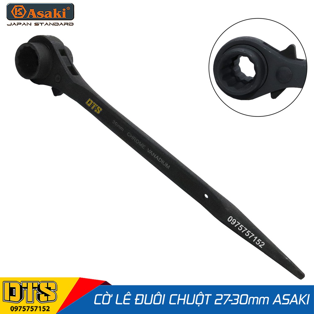 Cờ lê đuôi chuột cao cấp 27-30 mm Asaki AK-6459, cờ lê giàn giáo 2 đầu tự động thép Chrome Vanadium, công tắc đảo chiều