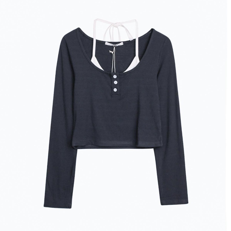 Áo croptop dài tay cổ tròn xinh xắn theo phong cách Hàn Quốc dành cho nữ | BigBuy360 - bigbuy360.vn