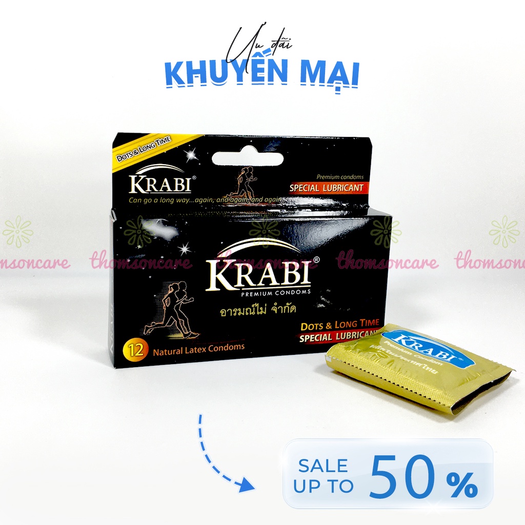 Bao cao su Krabi - bcs gân gai siêu mỏng, kéo dài thời gian bôi trơn, 49mm đôn dên - Hộp 12 chiếc condom từ Thái Lan