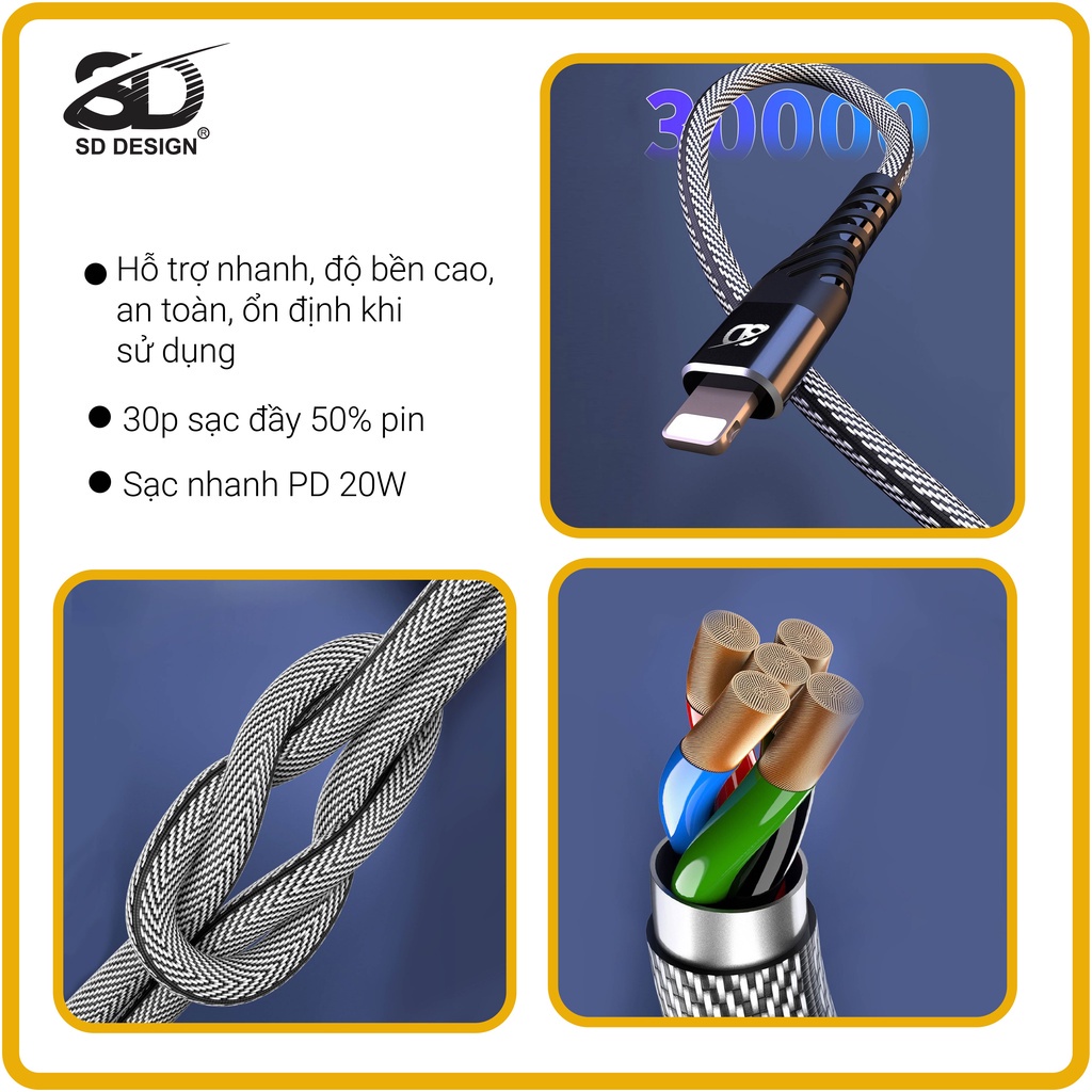 Cáp sạc PD 20W L9 chính hãng SD Design, chân sạc USB C Sang Lighting dây dù chống đứt cho ip 6 đến 13 pro max