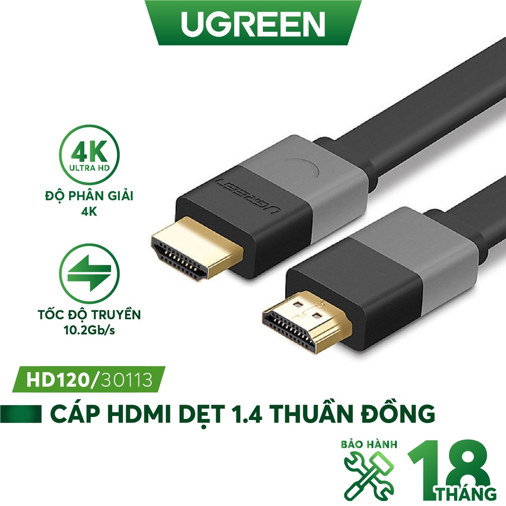 Cáp HDMI dây dạng dẹt 1.4 thuần đồng, độ dài từ 5-8m UGREEN HD120 - Hàng phân phối chính hãng - Bảo hành 18 tháng