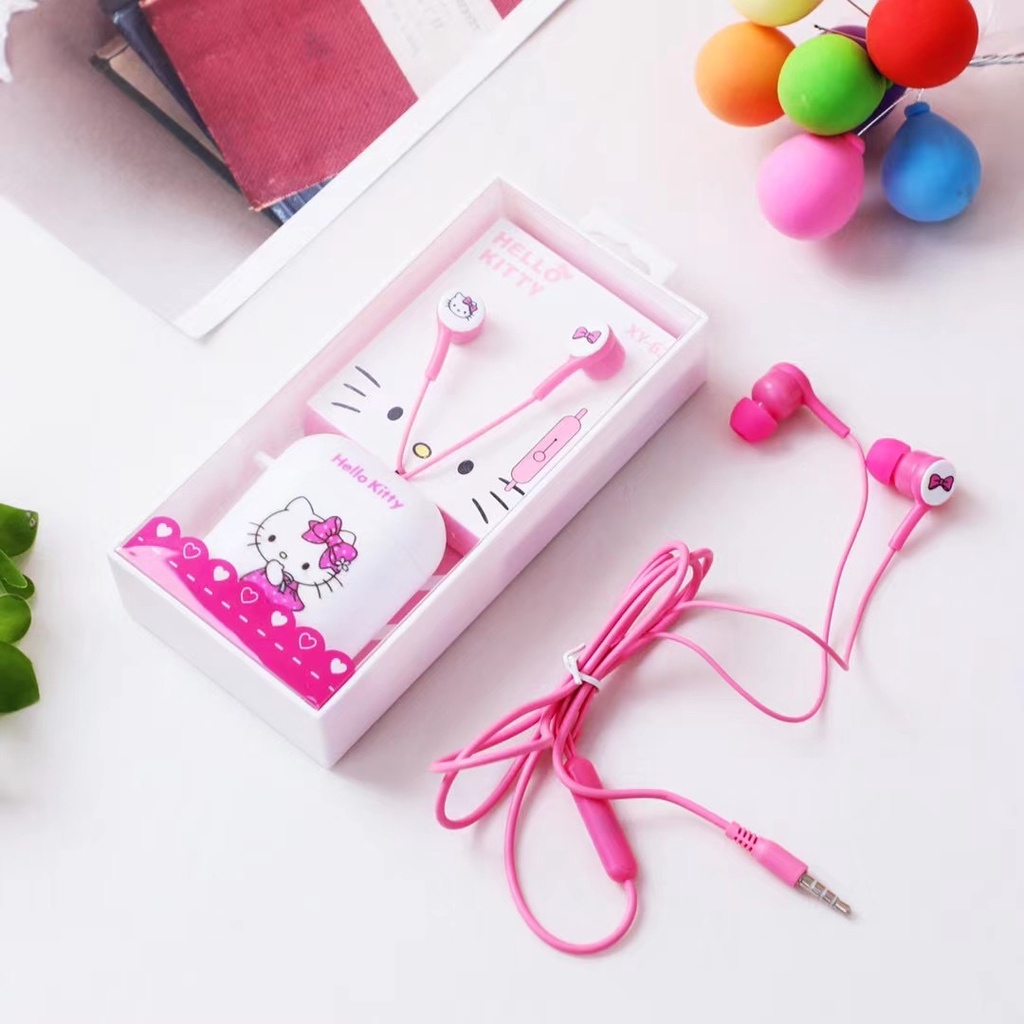Dễ thương Hello Kitty Tai nghe Phim Hoạt Hình Cô Gái Tai nghe màu hồng EarPods đáng yêu có dây earphon với microphone