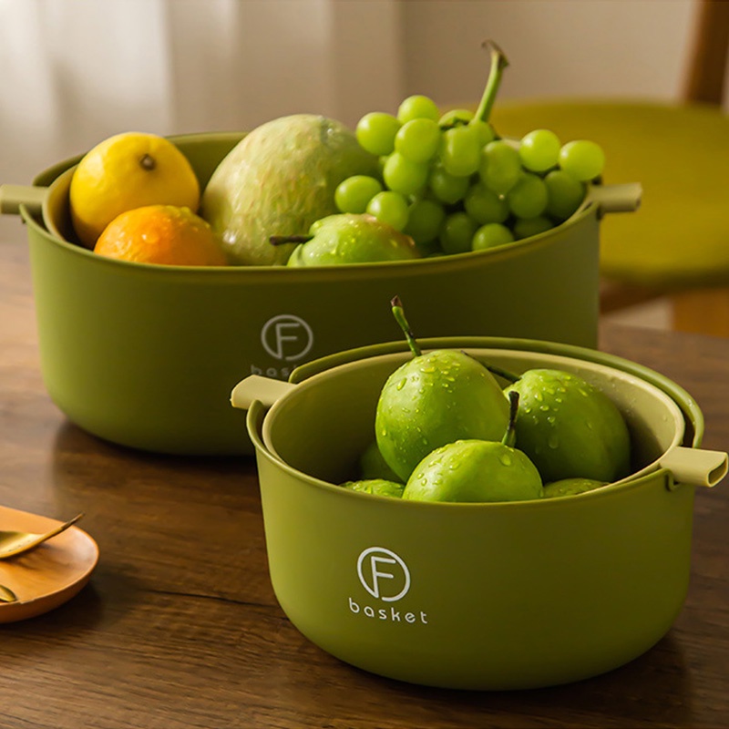 Rổ Rửa Rau Củ Quả Hai Lớp Màu Xanh Lá Cây Giúp Khô Ráo