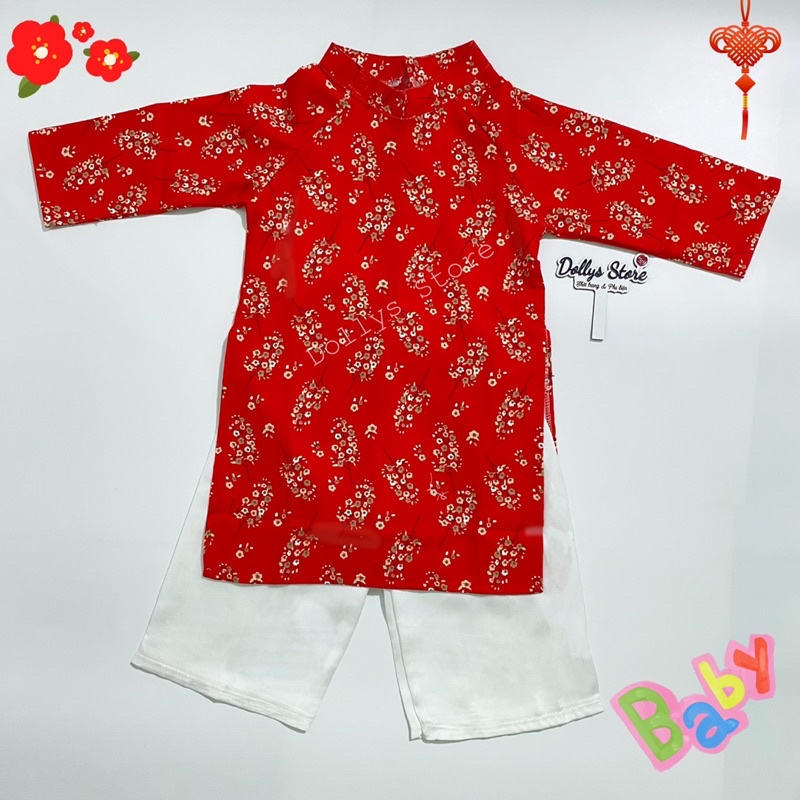 SET ÁO DÀI HOA NHÍ ĐỎ, QUẦN LỤA TRẮNG CHO BÉ 14-18kg