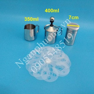 Combo 4 dụng cụ inox đánh sữa (Ca đánh sữa 400ml, Ca rót sữa 350ml, Khuôn, Lọ rắc bột)
