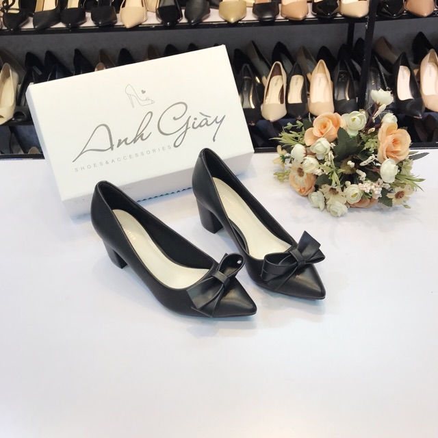 CG73 - Giày da lì mũi nhọn gót vuông 5p nơ VNXK ( ảnh thật,kèm video)