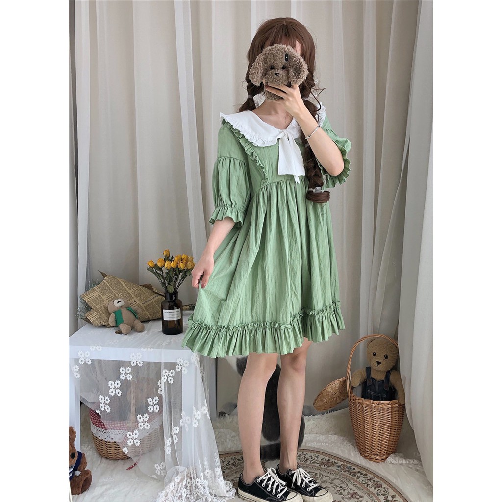 Đầm baby doll tay ngắn tay áo lồng đèn thắt nơ ulzzang ( 2 màu )